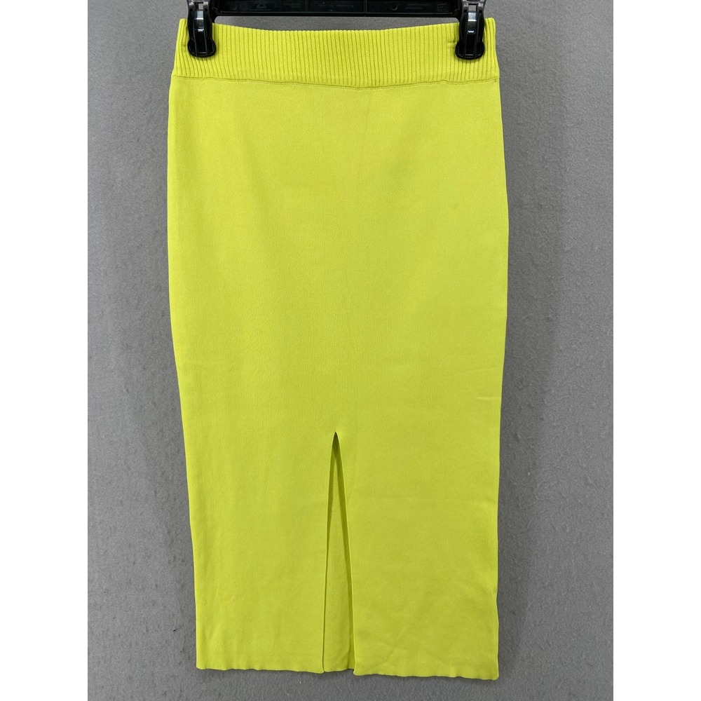 VICI Skirt Womens Sz S Neon Yellow Ribbed Knit Pencil Midi Skirt Front Slit
